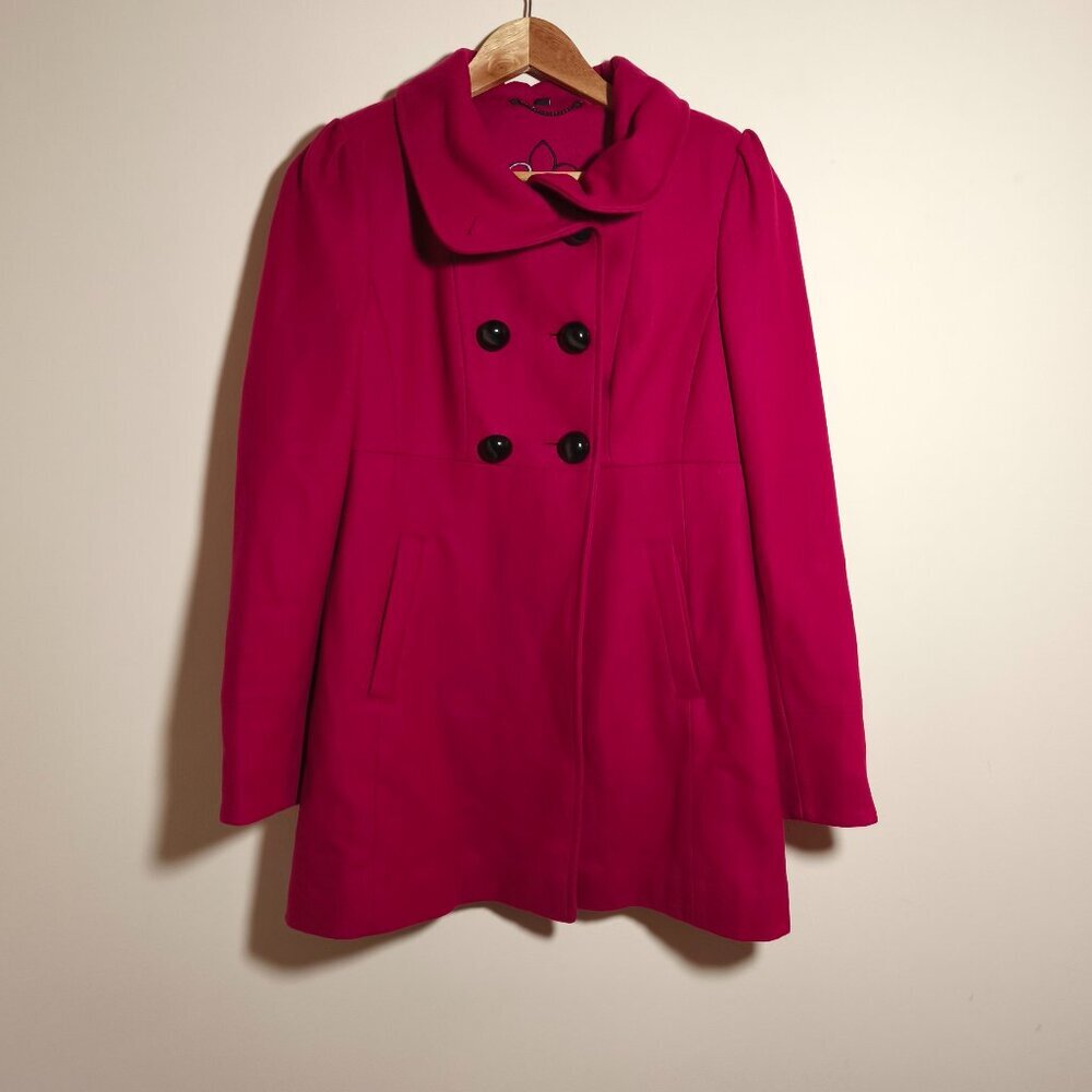 y2k Guess Wool Double Breasted Babydoll Peacoat Bow Detail sz M Sangria Pink